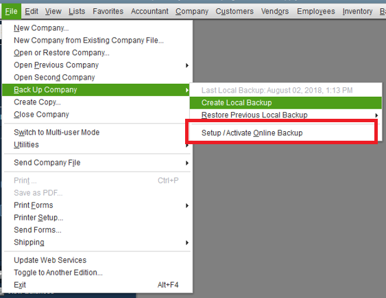 QuickBook Setup Activate Online Backup