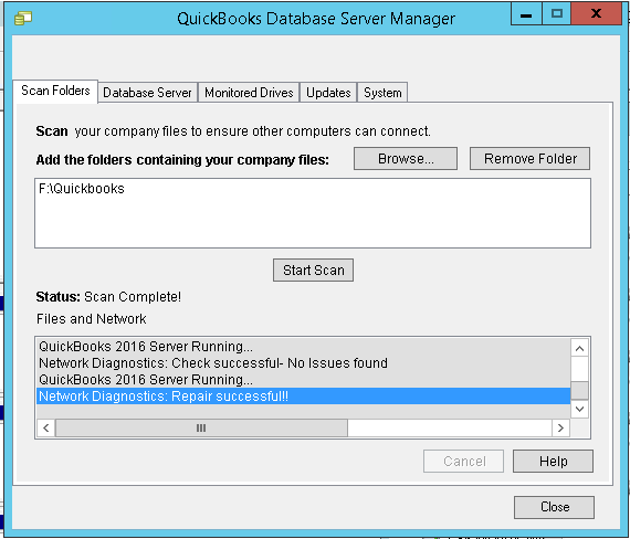 QuickBooks Database Server Manager Start Scan Option