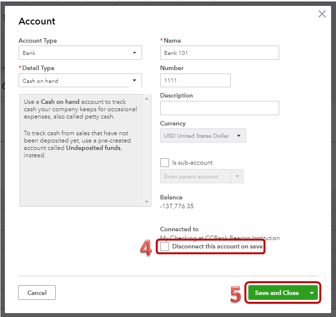 QuickBooks Disconnect this Account on Save