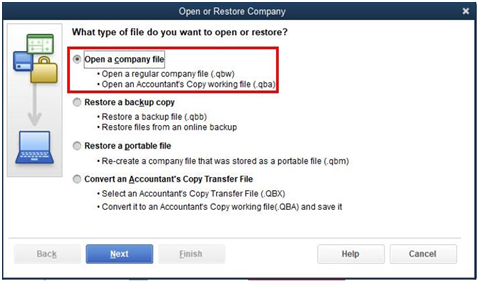 QuickBooks Open or Restore Company File Options