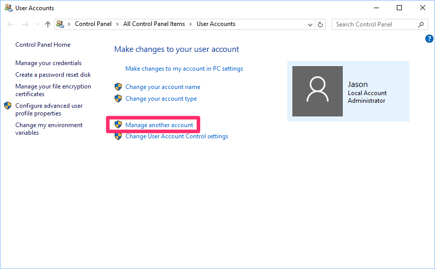 Windows Manage Another Account