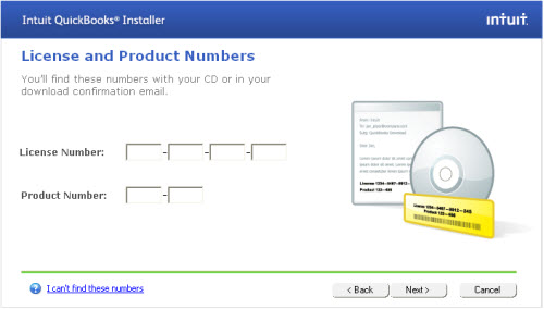 Enter QuickBooks product and license number