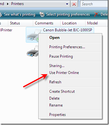 Use Printer Online Option