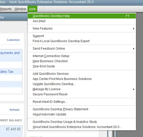 QuickBooks help menu