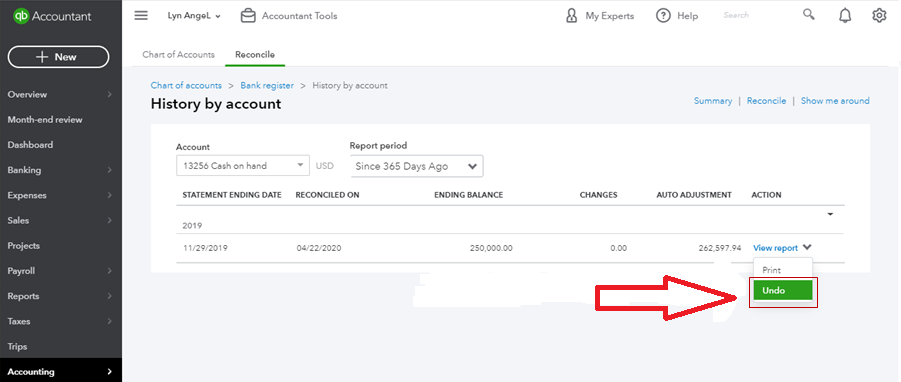QuickBooks Online Undo Reconciliation