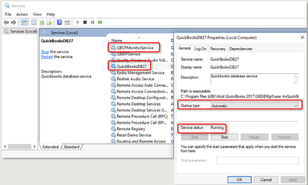 QuickBooks Database Service Properties