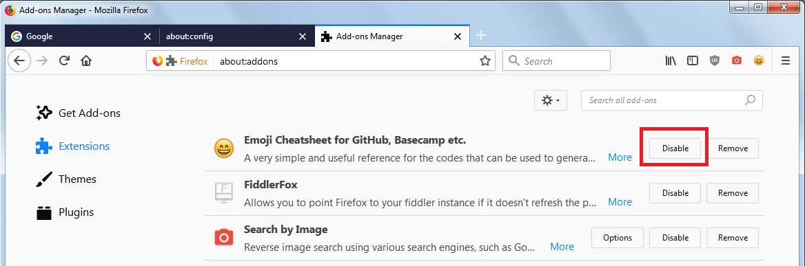 Disable Firefox Extensions