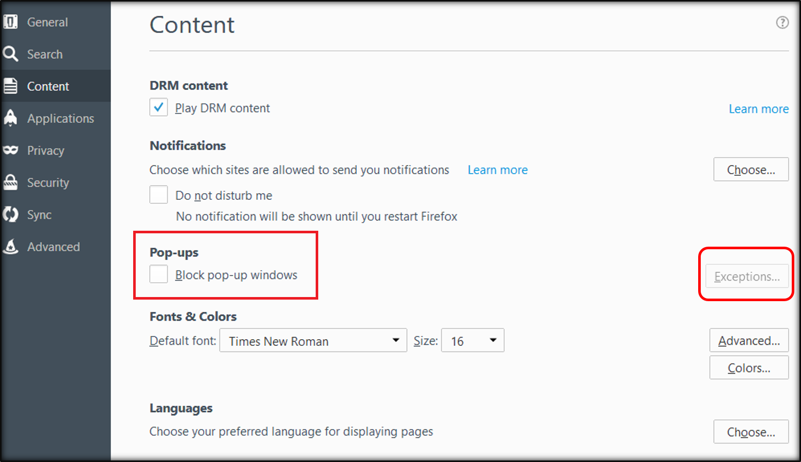 Mozilla Firefox Permissions Allow Pop Ups