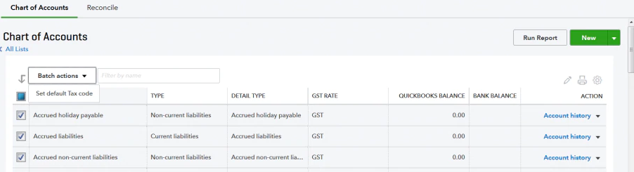 QuickBooks Chart of Accounts Account history