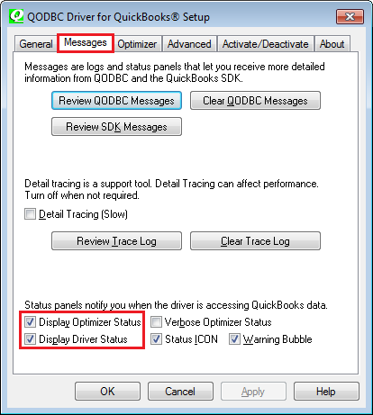 QuickBooks ODBC Display Optimizer Status Panel