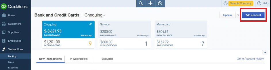 QuickBooks Online Banking Add account