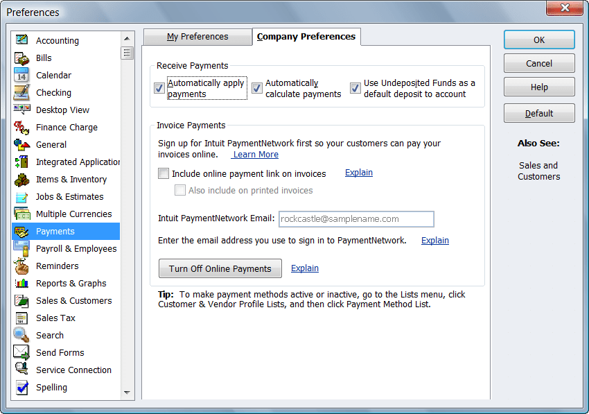 QuickBooks Payment Company Preferences