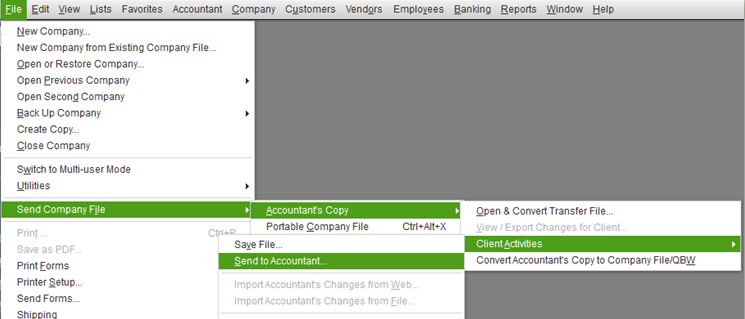 QuickBooks Send a Company File Client Activities