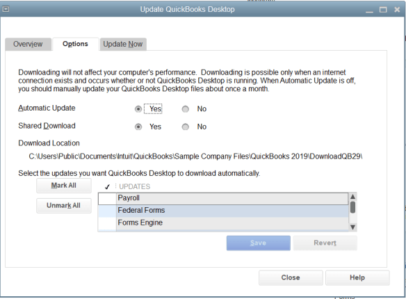 QuickBooks Update Options