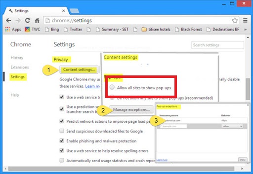 google chrome allow pop ups