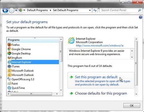 IE as default web browser