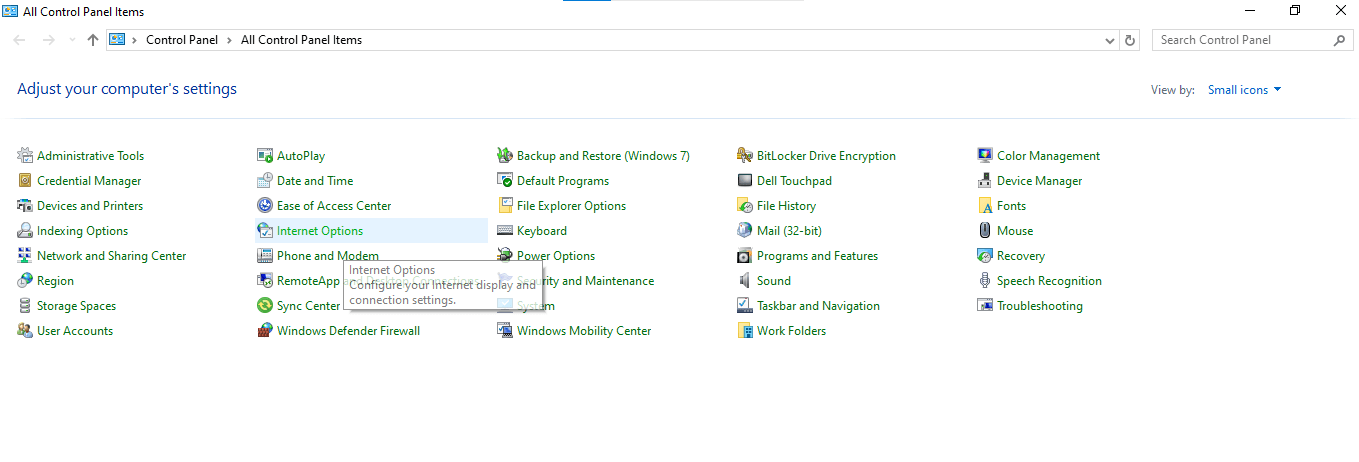 internet option In Control Panel