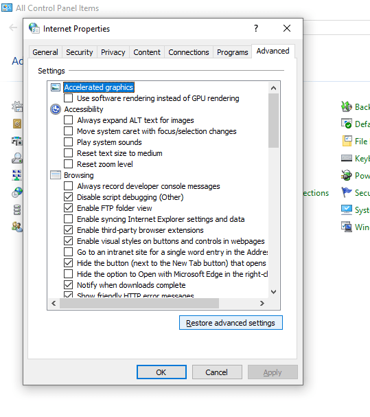 restore advanced settings