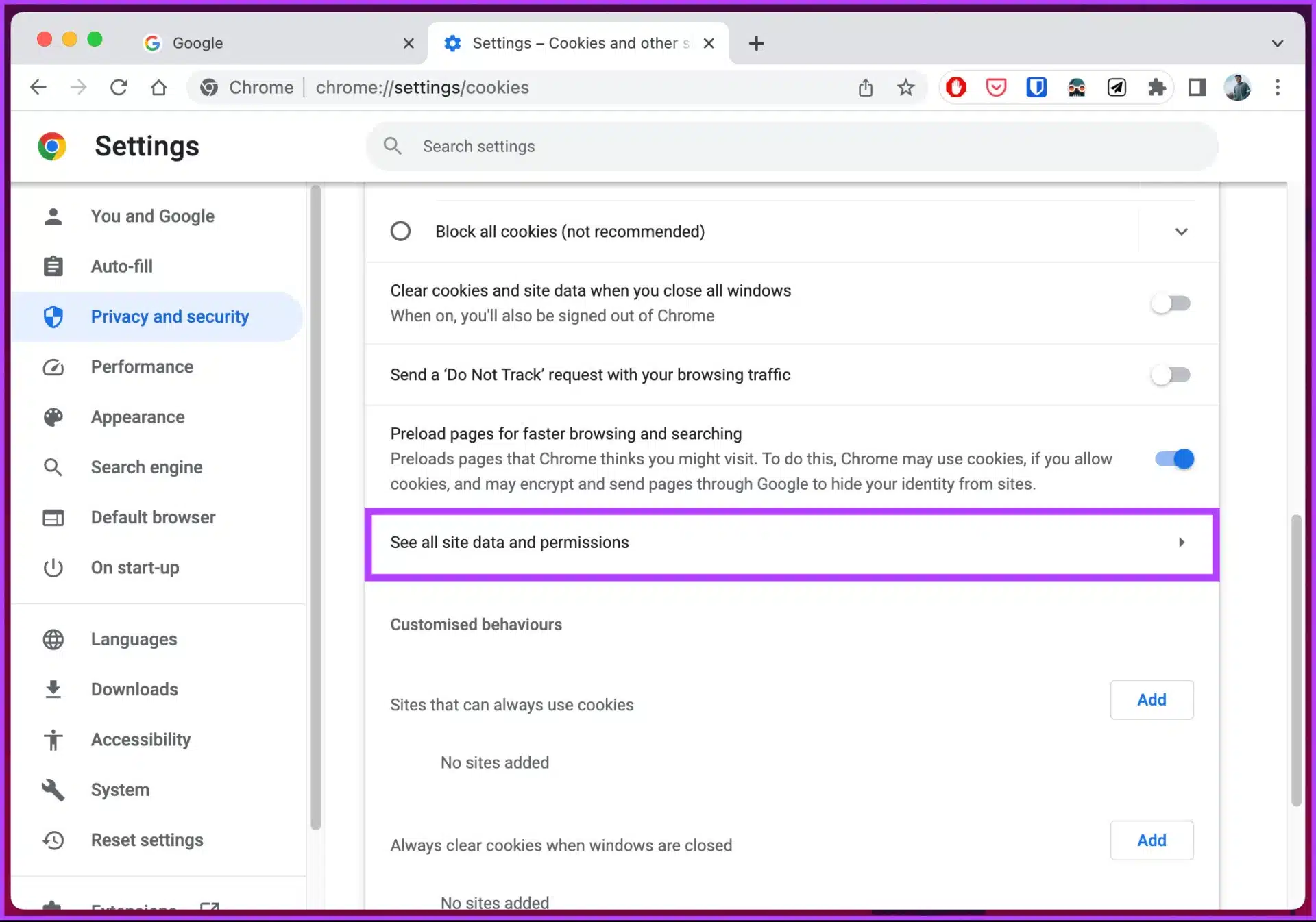 See all site data and permissions