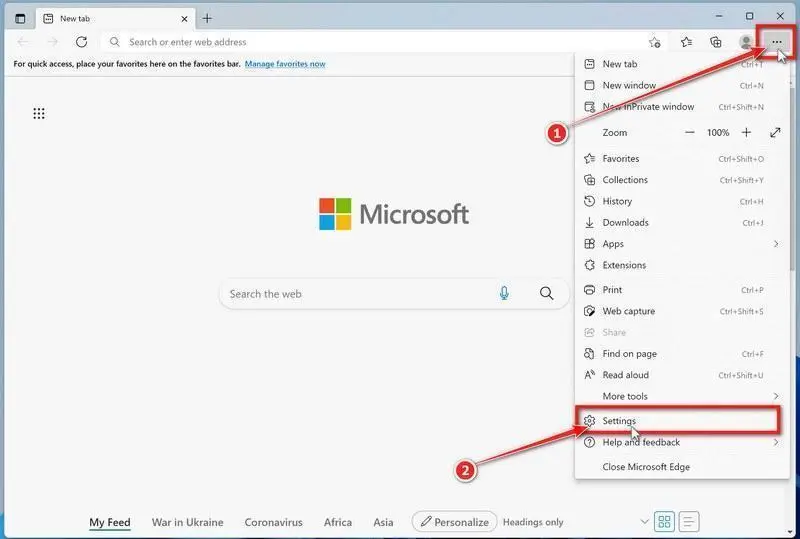 setting in edge browser
