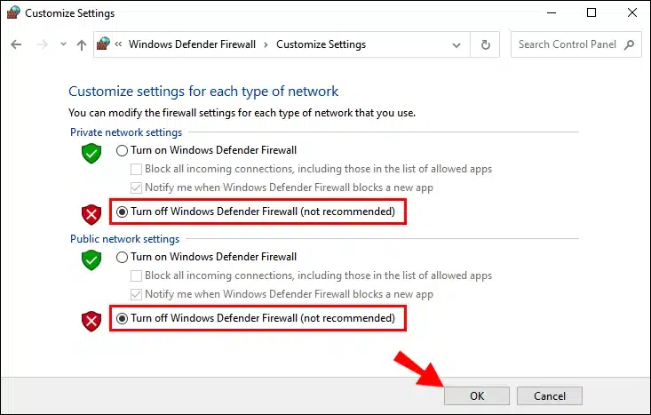 Windows firewall off