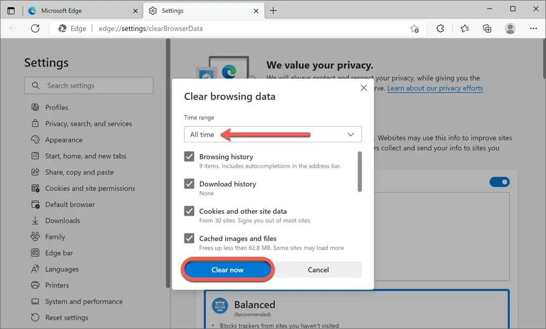 Clear Browsing Data in Edge Browser