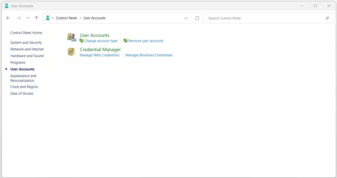 user accounts option