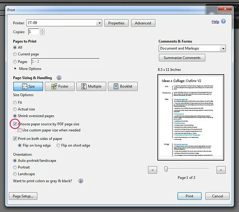 Pring and pdf settings