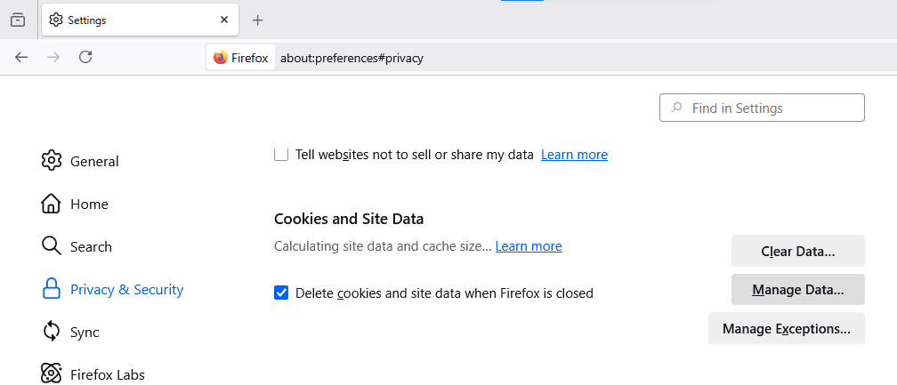 Privacy and security option in Firefox